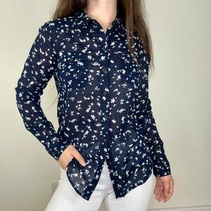 *Eddie Bauer Navy Bird Print Blouse